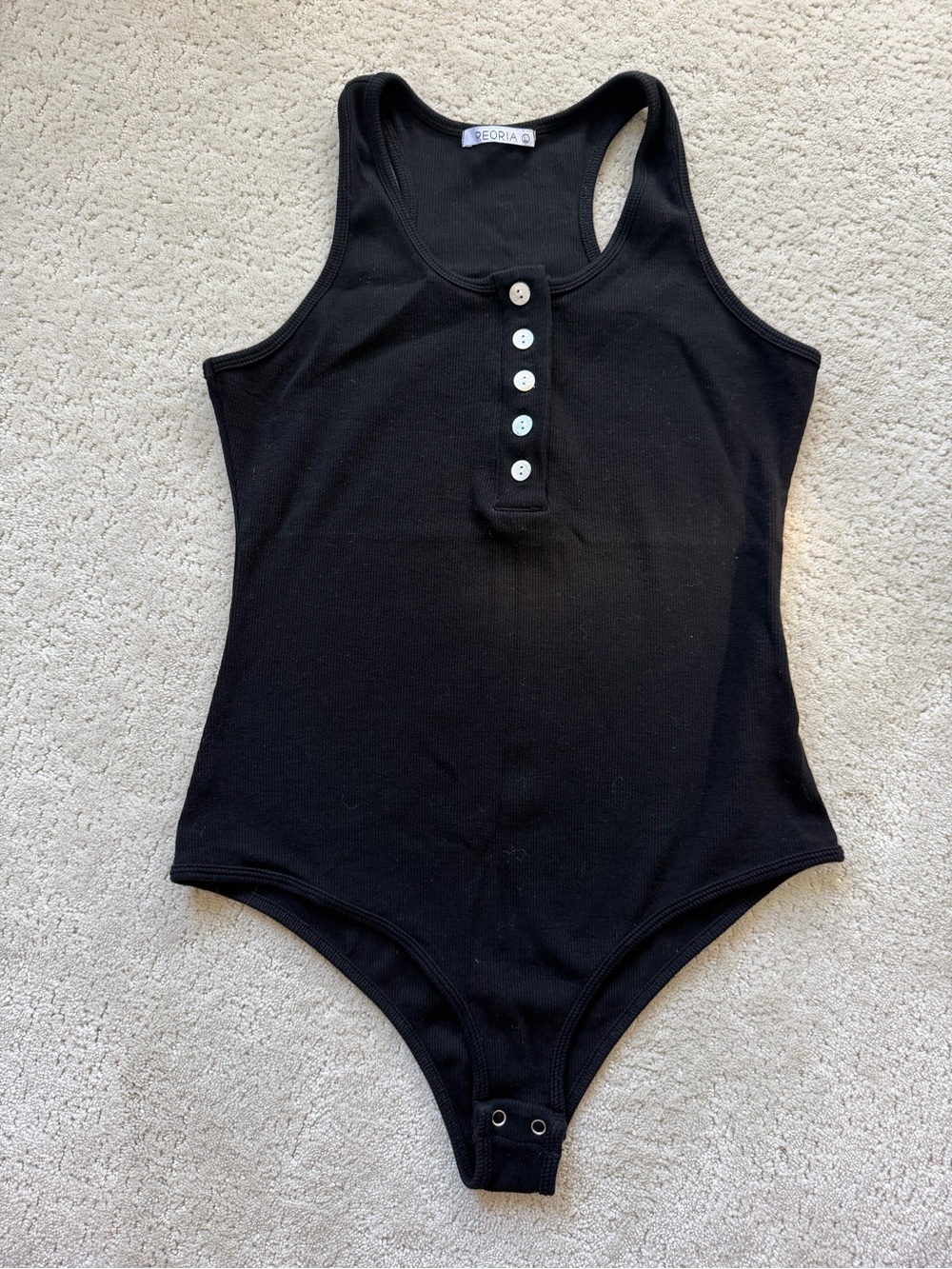 ReoRia Black Ribbed Tank Bodysuit with Front Buttons